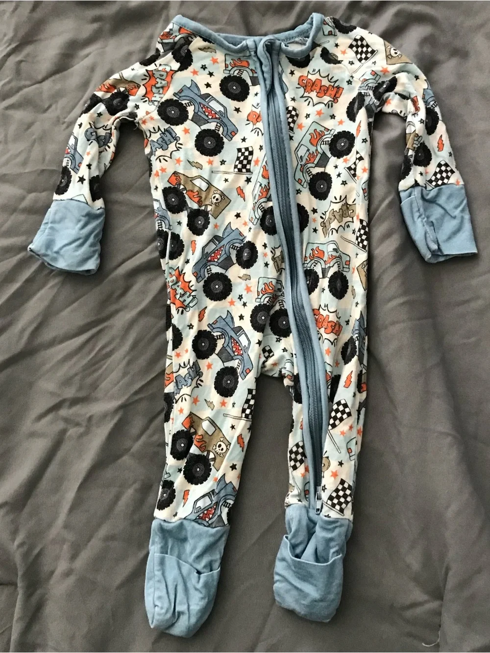 Blue Monster Truck Footed One-Piece Pajama for Kids - Cozy Zip Front BAMBOO PJS